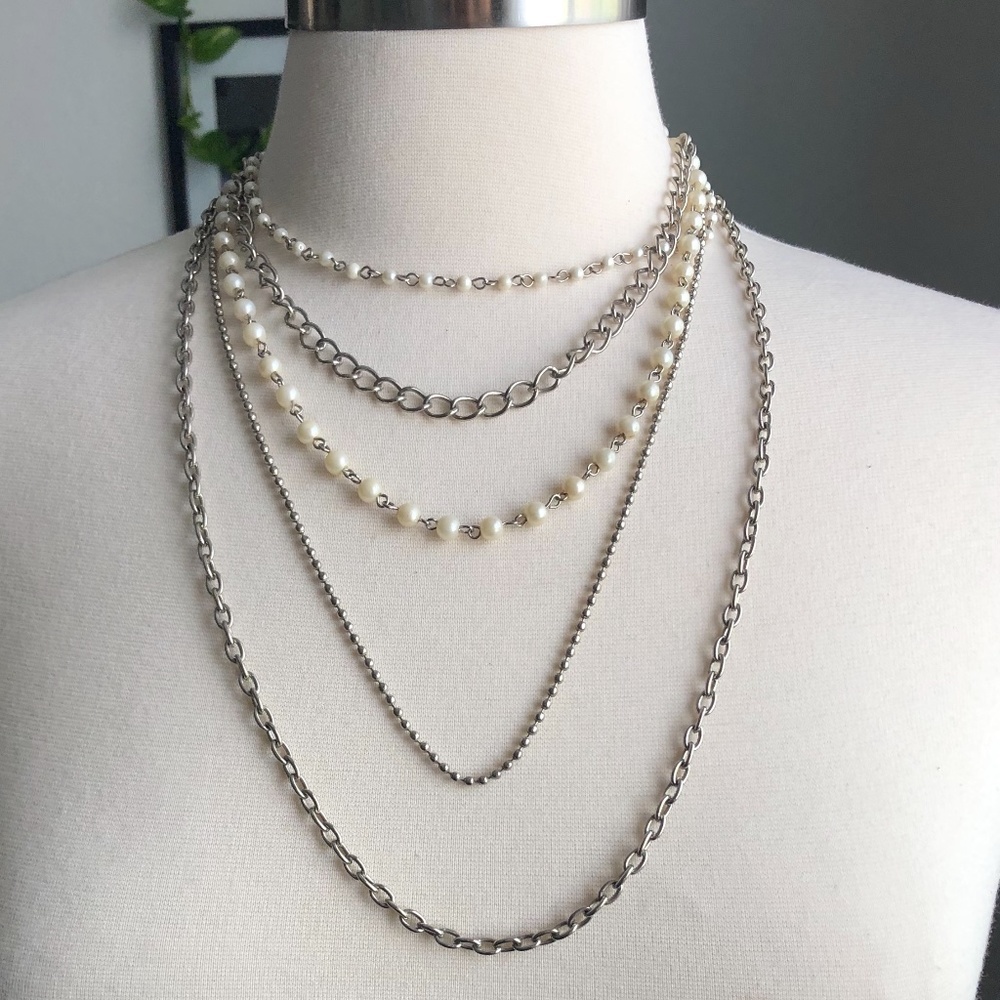 Silver & Pearl Chain Layered Necklace